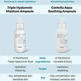 COSRX Hydrium Triple Hyaluronic Moisture Ampoule in a 40mL bottle, showcasing the clear glass container and product label.