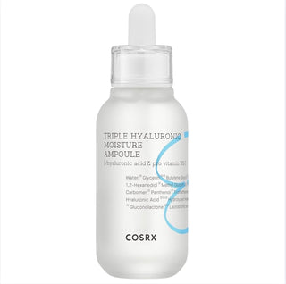 COSRX Hydrium Triple Hyaluronic Moisture Ampoule 40ml bottle showing clear liquid and label with product details.