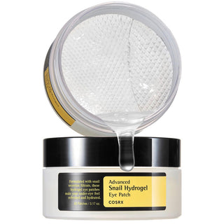 COSRX Advanced Snail Hydrogel Eye Patch showing 30 pairs of eye patches in a clear container, designed for under-eye hydration and soothing.