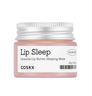 COSRX Balancium Ceramide Lip Butter Sleeping Mask showing its smooth, hydrating lip balm texture in a jar with a soft pink finish.
