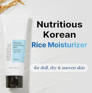 COSRX Ultimate Nourishing Rice Overnight Spa Mask in a jar, hydrating lotion and moisturizer with rice extract for glowing skin.