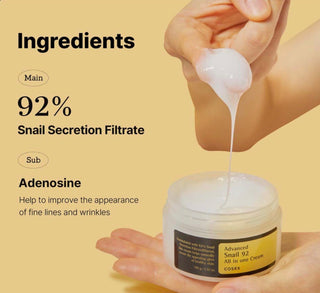 Cosrx Advanced Snail 92 All-In-One Cream moisturizer in a jar, featuring a smooth, hydrating formula with snail mucin for skin repair.