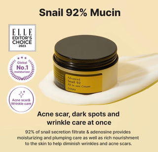 Cosrx Advanced Snail 92 All-In-One Cream moisturizer in a jar, featuring a nourishing snail extract formula for healthy skin.