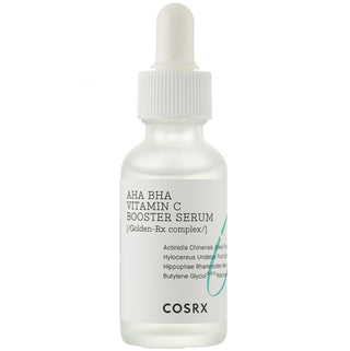 CosRX AHA/BHA Vitamin C Booster Serum in a clear dropper bottle, with a white label and orange accents, on a white background.