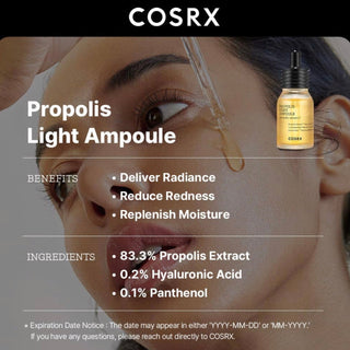 CosRx Full Fit Propolis Light Ampoule serum in a clear glass bottle with a dropper, displaying the product label and branding.