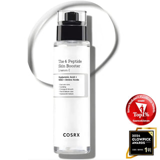 COSRX The 6 Peptide Skin Booster Serum bottle with dropper, showcasing the serum's sleek packaging and clear liquid inside.