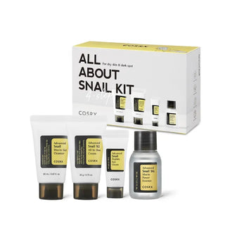 COSRX All About Snail Trial Kit with four skincare products featuring snail mucin for hydration and skin repair.