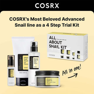 COSRX All About Snail Trial Kit with four skincare products including snail mucin essence, moisturizer, and serum for nourishing skin