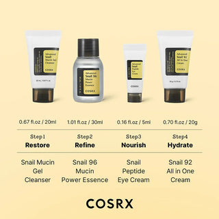 COSRX All About Snail Trial Kit with four skincare products featuring snail mucin for nourishing and hydrating skin care.
