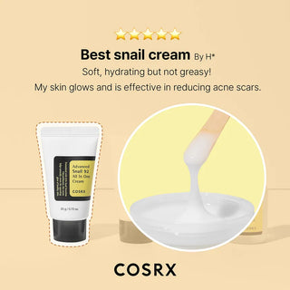 COSRX All About Snail Trial Kit with four skincare items including snail mucin essence, cream, toner, and serum in a compact set.