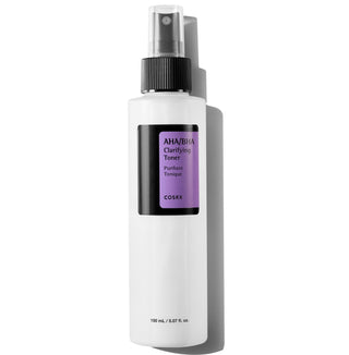CosRX AHA/BHA Clarifying Treatment Toner bottle, designed for pore tightening and skin clarification, with a minimalist label.