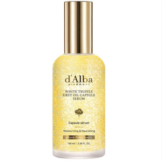 d'Alba White Truffle First Oil Capsule Serum in a 100ml bottle, featuring a sleek design and natural skincare ingredients.