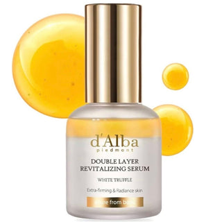 d'Alba White Truffle Double Layer Revitalizing Serum 50ml in a sleek bottle with a pump dispenser, showcasing the luxurious skincare product