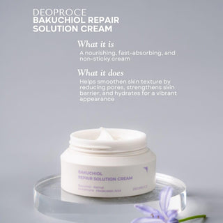 Deoproce Bakuchiol Repair Solution Cream 50ml jar showing smooth cream texture in a white container with a clean background.