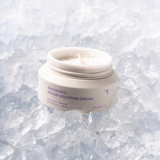 Deoproce Bakuchiol Repair Solution Cream 50ml jar showing creamy texture and product label for skin rejuvenation.