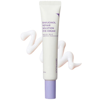 Deoproce Bakuchiol Repair Solution Eye Cream in a 30g jar, showing the creamy texture and packaging for skincare.