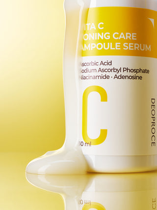 Deoproce Vita C toning care ampoule serum in a clear glass bottle with dropper, designed for brightening and skin rejuvenation.