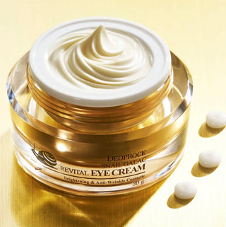 Deoproce Snail Galac Line 5-piece skincare set with eye cream, showcasing the products' packaging and design.