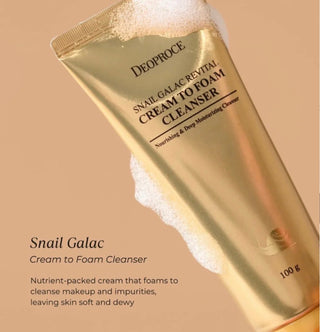 Deoproce Snail Galac Line skincare set with cleanser, toner, serum, moisturizer, and eye cream in elegant packaging.