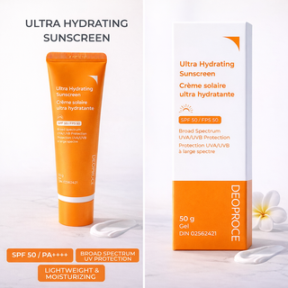 Deoproce Ultra Hydrating Sunscreen in box and tube, lightweight formula with no white cast, suitable for daily sun protection.