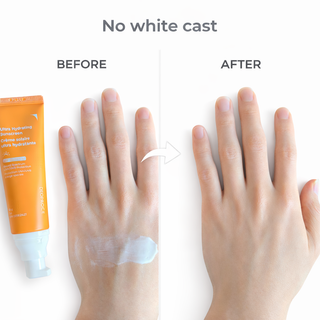 Deoproce Ultra Hydrating Sunscreen with no white cast, showing smooth, moisturized skin after application.