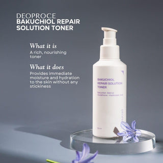 Deoproce Bakuchiol Repair Solution Toner 150ml bottle with clear liquid and white cap, for skincare and skin nourishment.