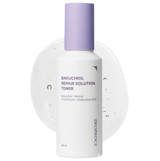 Deoproce Bakuchiol Repair Solution Toner in a 150ml bottle, featuring a clear liquid and minimalist packaging design.