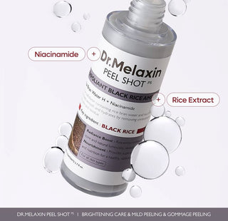 Dr.Melaxin Peel Shot Exfoliating Black Rice Ampoule 80ml bottle with black rice extract for skin renewal and brightening.