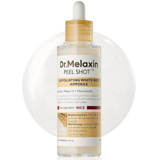 Dr.Melaxin Peel Shot exfoliating white rice ampoule in a clear 80ml bottle, showcasing the skincare product for brightening and exfoliation.
