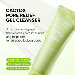 Dr. Melaxin CACTOX pore relief gel cleanser in a 120ml tube, designed for deep cleansing and pore reduction.