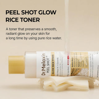 Dr.Melaxin Peel Shot Glow Rice Toner 200ml bottle with clear liquid and rice extract label, designed for facial skincare.