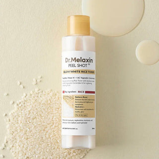Dr.Melaxin Peel Shot Glow Rice Toner 200ml bottle with white cap and clear label, designed for skincare and brightening.