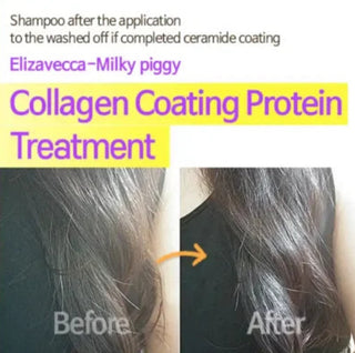Elizavecca CER-100 Collagen Coating Protein Treatment for hair care, showing the 100ml bottle with collagen formula.