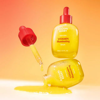 Eqqualberry Vitamin Illuminating Serum 30mL, clear glass bottle with dropper, showcasing brightening skincare benefits.