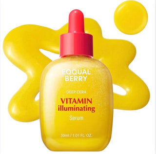 Eqqualberry Vitamin Illuminating Serum 30mL displayed in a clear glass bottle with a pump dispenser.