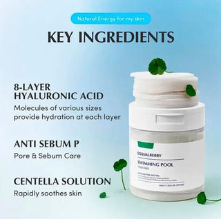 Eqqualberry Swimming Pool Toner Pads in 220mL container, designed for pool water treatment with natural ingredients.