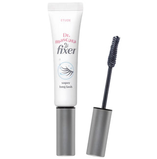 Etude Dr. Mascara Fixer for Super Long Lash 6g, clear mascara fixer showing a sleek tube and applicator brush.