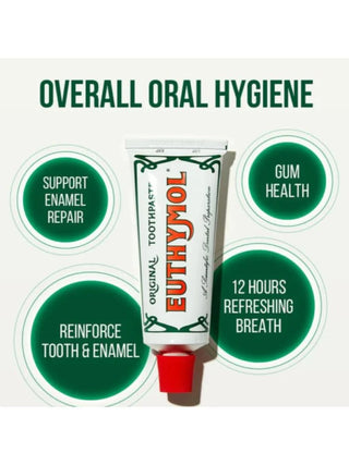 Euthymol Original fluoride-free toothpaste in 75ml tube with distinctive red and white packaging, designed for oral hygiene.