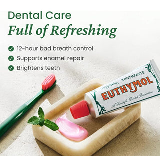 Euthymol original fluoride-free toothpaste in 75ml tube, featuring distinctive packaging with bold red and yellow design.