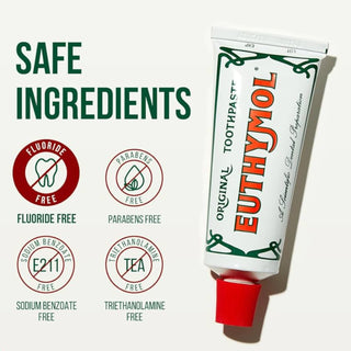 Euthymol Original fluoride-free toothpaste in 75ml tube with bold red and white packaging, featuring the Euthymol logo.