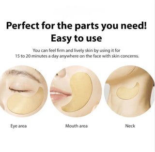 Foodaholic Hydrogel Eyepatch in gold, designed for dark circles and under-eye spots, shown applied under the eyes in the image.