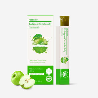 FOODOLOGY Collagen Centella Jelly in a 10-pouch pack, showing vibrant jelly with fresh centella leaves and collagen ingredients.