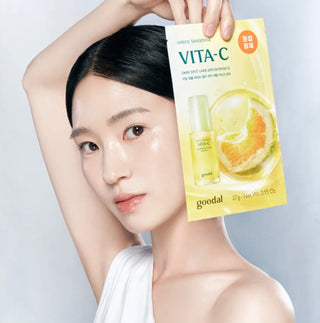 Goodal Green Tangerine Vita C dark spot care serum sheet mask lying flat, showing the packaging and product details.