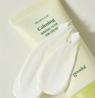 Goodal Heartleaf Calming Mineral Filter Sunscreen in a tube, showing the sun cream with calming and mineral properties.