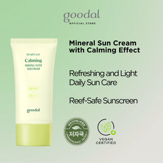 Goodal Heartleaf Calming Mineral Filter Sunscreen in a tube, showcasing its packaging and design for sun protection.