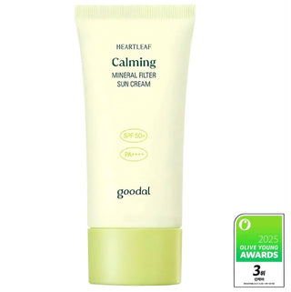 Goodal Heartleaf Calming Mineral Filter Sunscreen, a sun cream with soothing ingredients, in a tube packaging.
