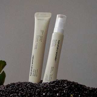 Haruharu Wonder Black Rice Bakuchiol Eye Cream jar showing creamy texture and black rice ingredients for gentle eye skincare.