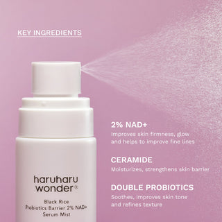 Haruharu Wonder Black Rice Probiotics Barrier NAD+ Serum Mist 80ml bottle with a sleek design, showcasing the skincare product.