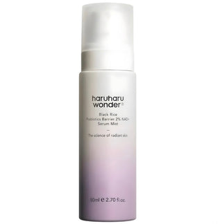 Haruharu Wonder Black Rice Probiotics Barrier NAD+ Serum Mist in an 80ml bottle, showcasing the sleek packaging and mist nozzle.