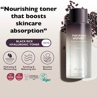 Haruharu Wonder Black Rice Hyaluronic Toner bottle, fragrance-free skincare product with black rice extract and hydrating properties.
